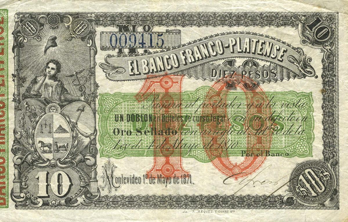 Front of Uruguay pS171a: 10 Pesos from 1871