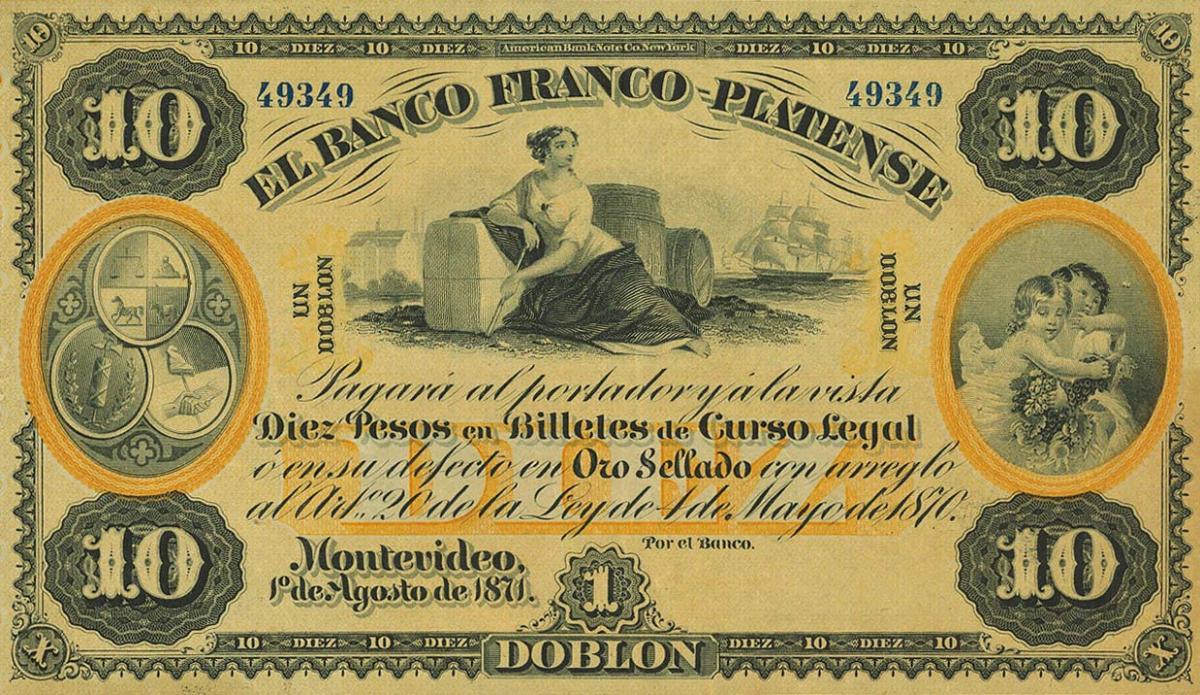 Front of Uruguay pS172b: 10 Pesos from 1871