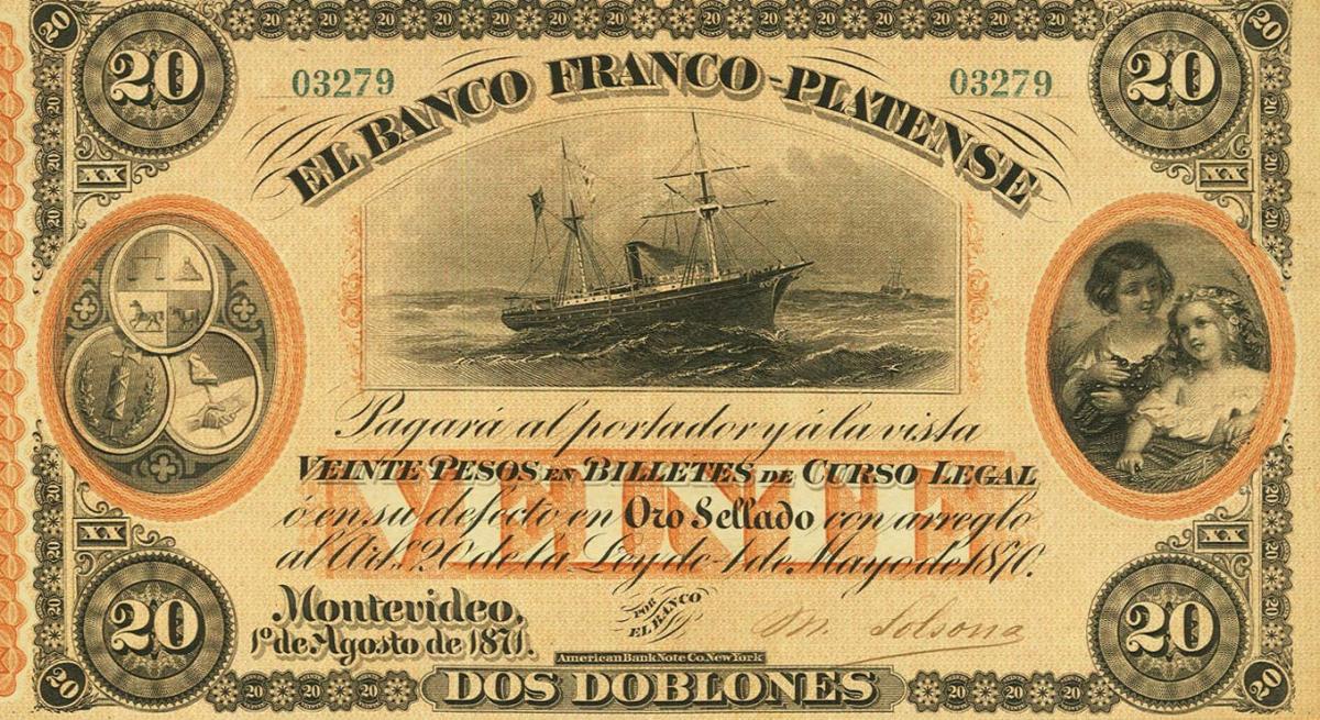 Front of Uruguay pS173a: 20 Pesos from 1871