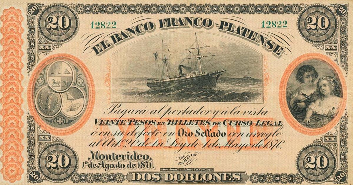 Front of Uruguay pS173b: 20 Pesos from 1871