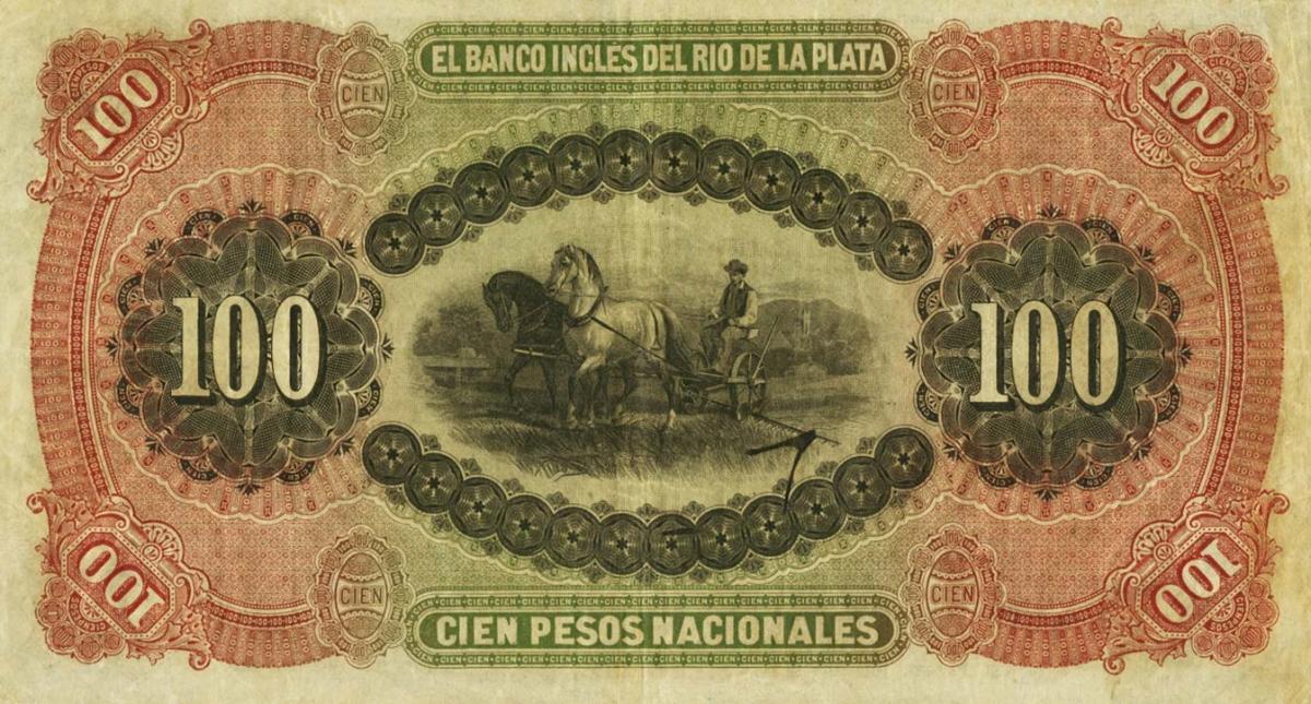 Back of Uruguay pS194a: 100 Pesos from 1885