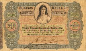 pS292a from Uruguay: 20 Pesos from 1871