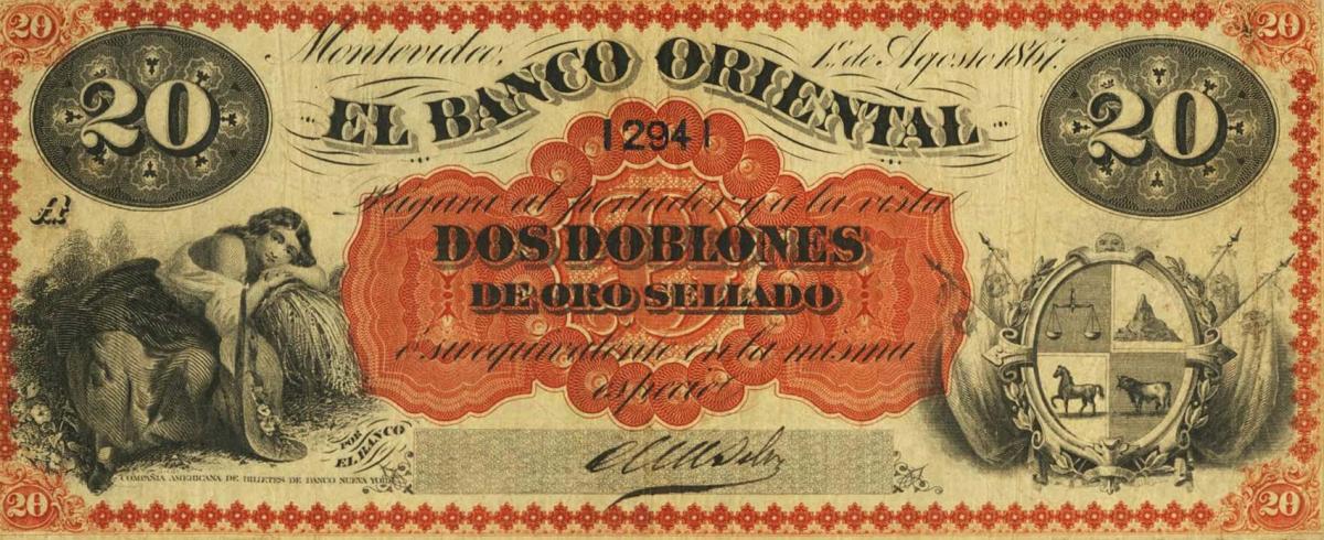 Front of Uruguay pS386: 20 Pesos from 1867