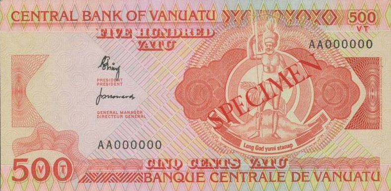 Front of Vanuatu p2s: 500 Vatu from 1982