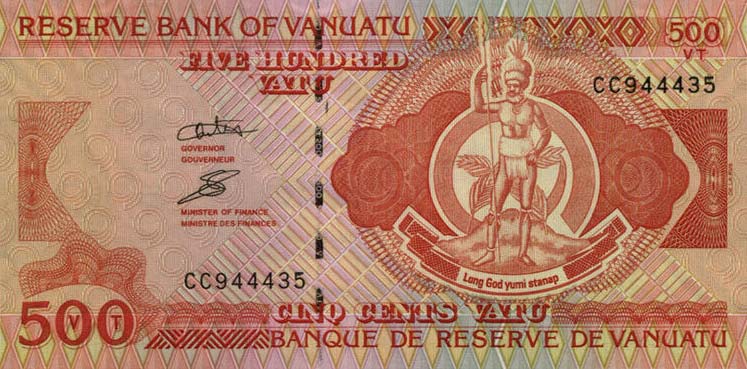 Front of Vanuatu p5c: 500 Vatu from 1993