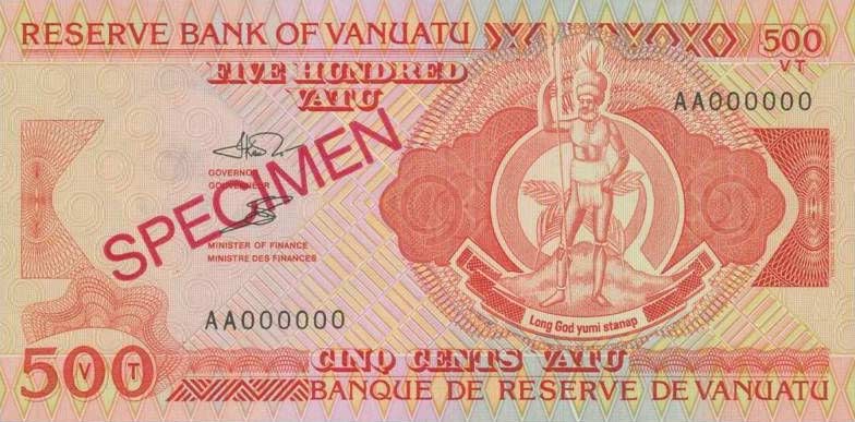 Front of Vanuatu p5s: 500 Vatu from 1993