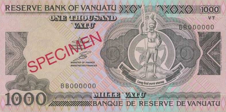 Front of Vanuatu p6s: 1000 Vatu from 1993