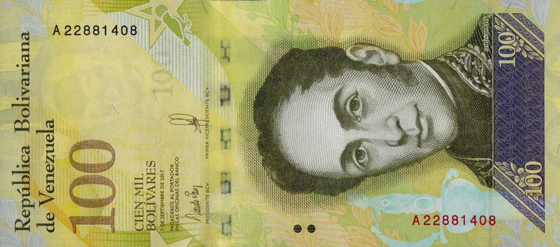 Front of Venezuela p100a: 100000 Bolivar from 2017