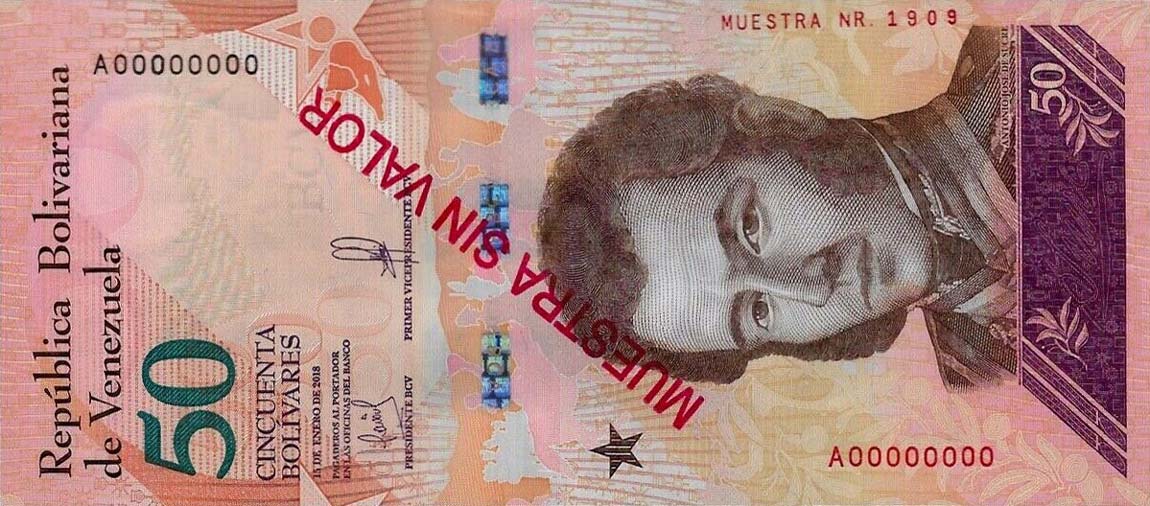 Front of Venezuela p105s: 50 Bolivar from 2018