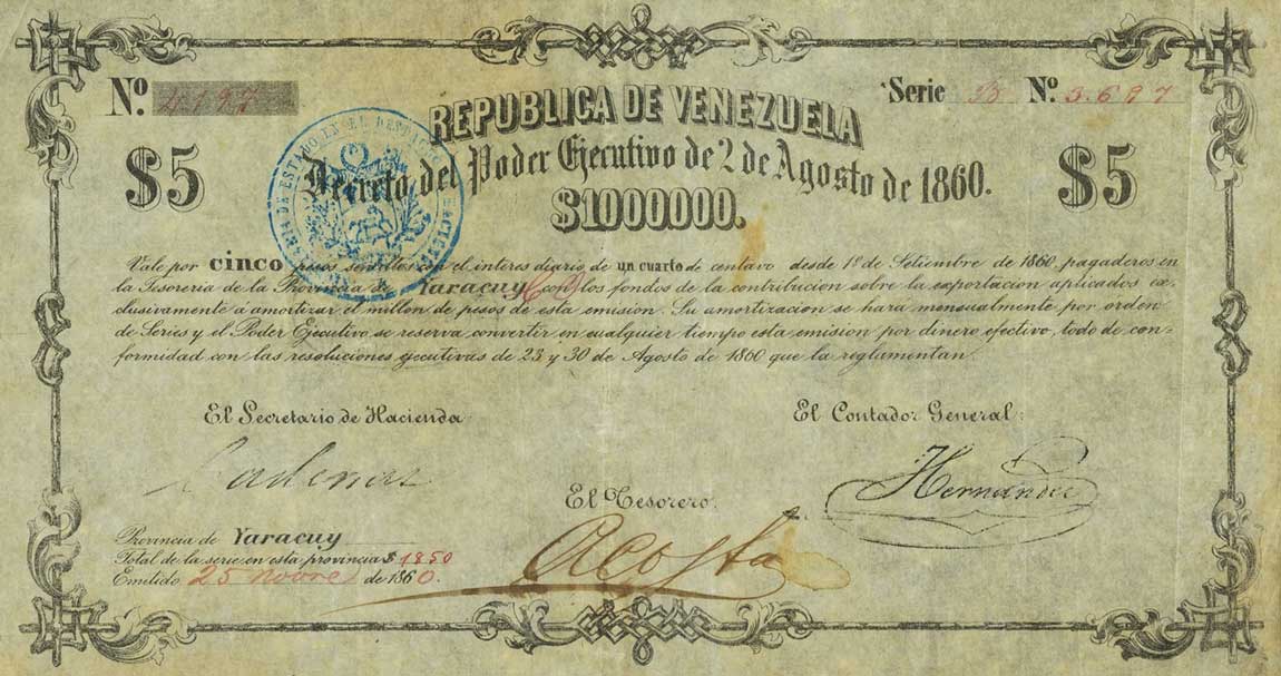 Front of Venezuela p20: 5 Pesos from 1860