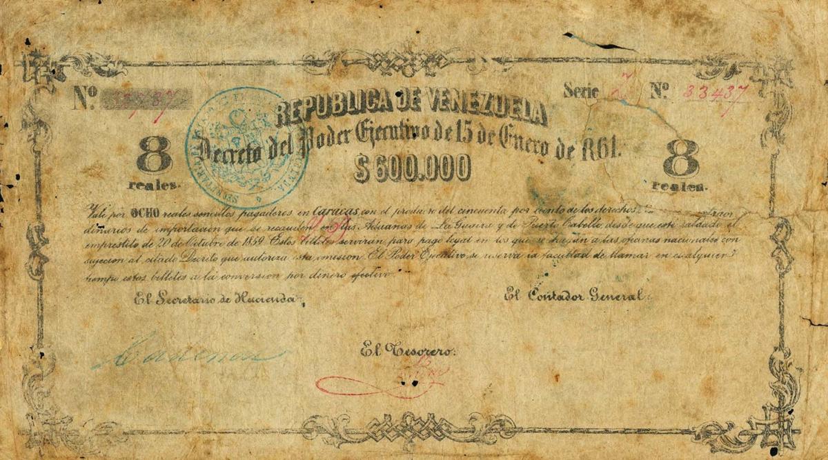 Front of Venezuela p25: 8 Reais from 1861