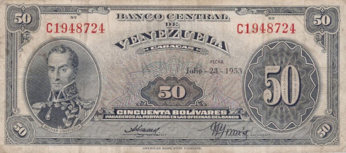 Front of Venezuela p33b: 50 Bolivares from 1953