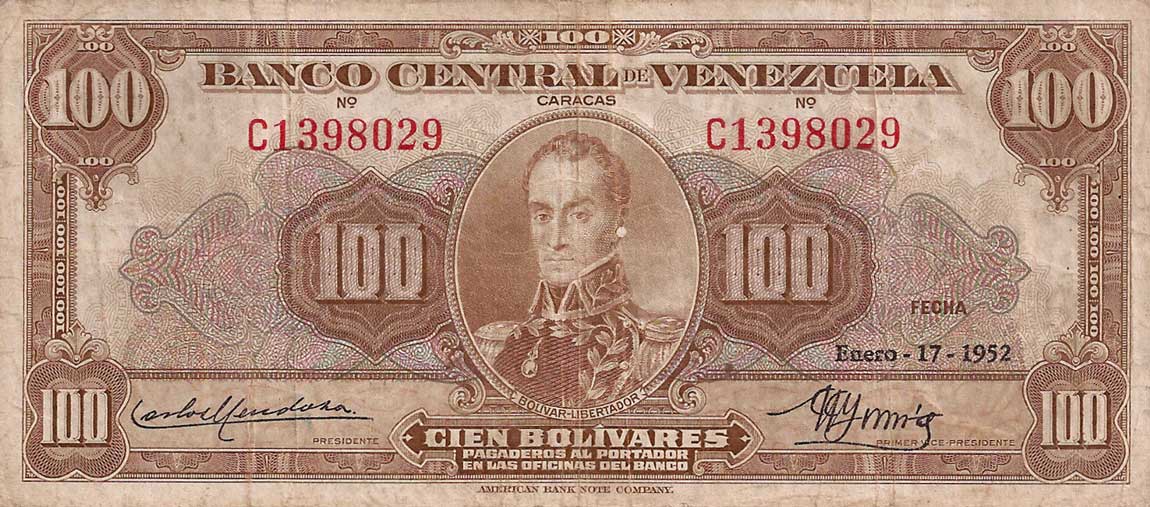 Front of Venezuela p34a: 100 Bolivares from 1940