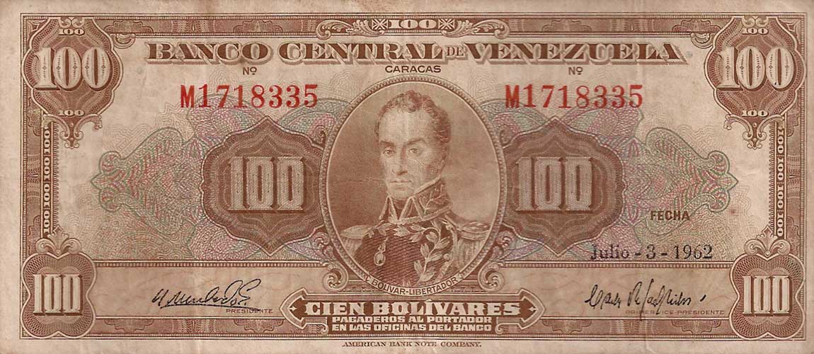 Front of Venezuela p34d: 100 Bolivares from 1959