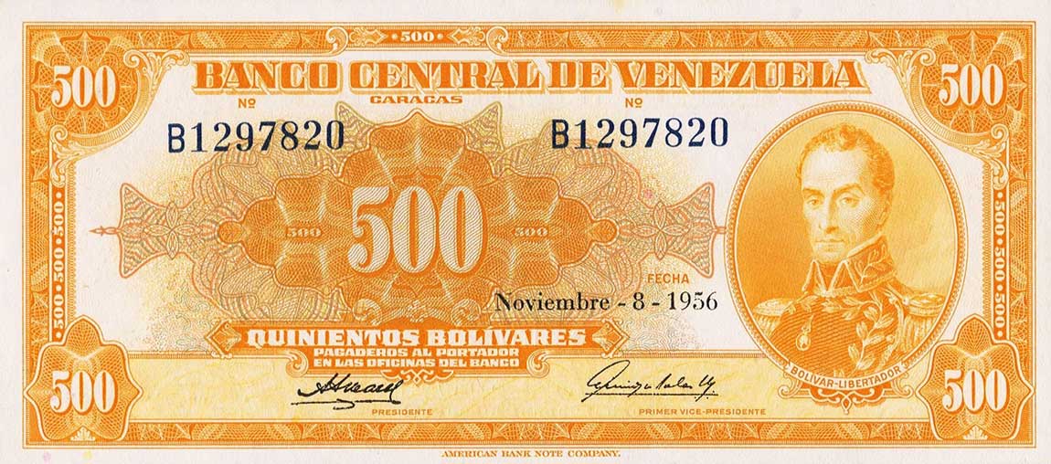 Front of Venezuela p37b: 500 Bolivares from 1953