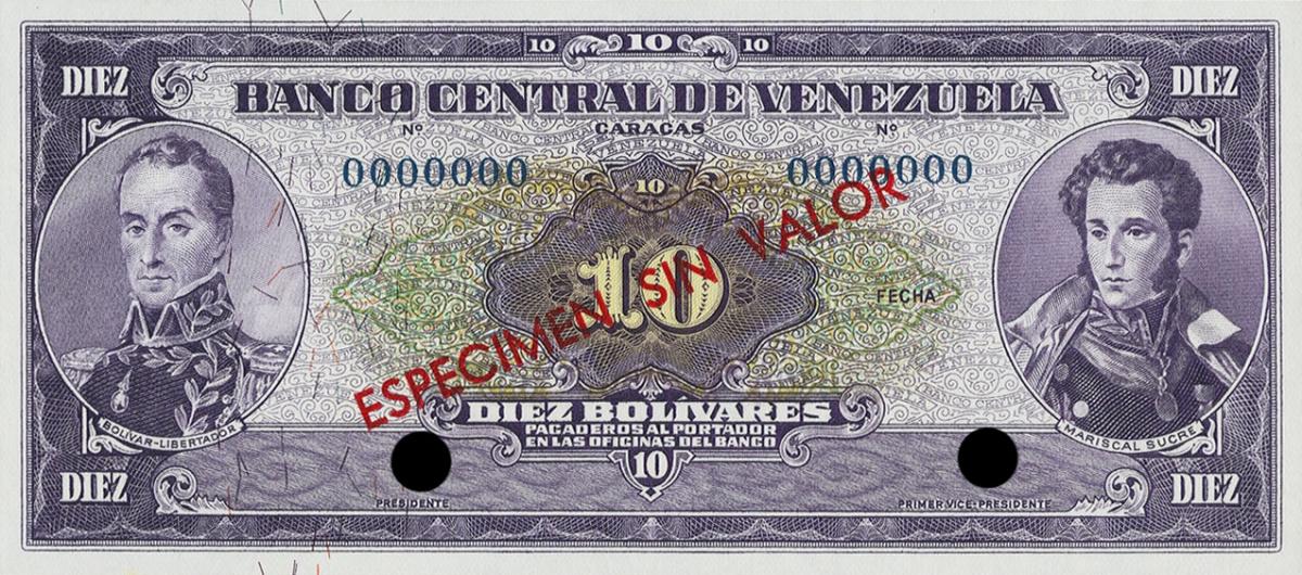 Front of Venezuela p38s: 10 Bolivares from 1952