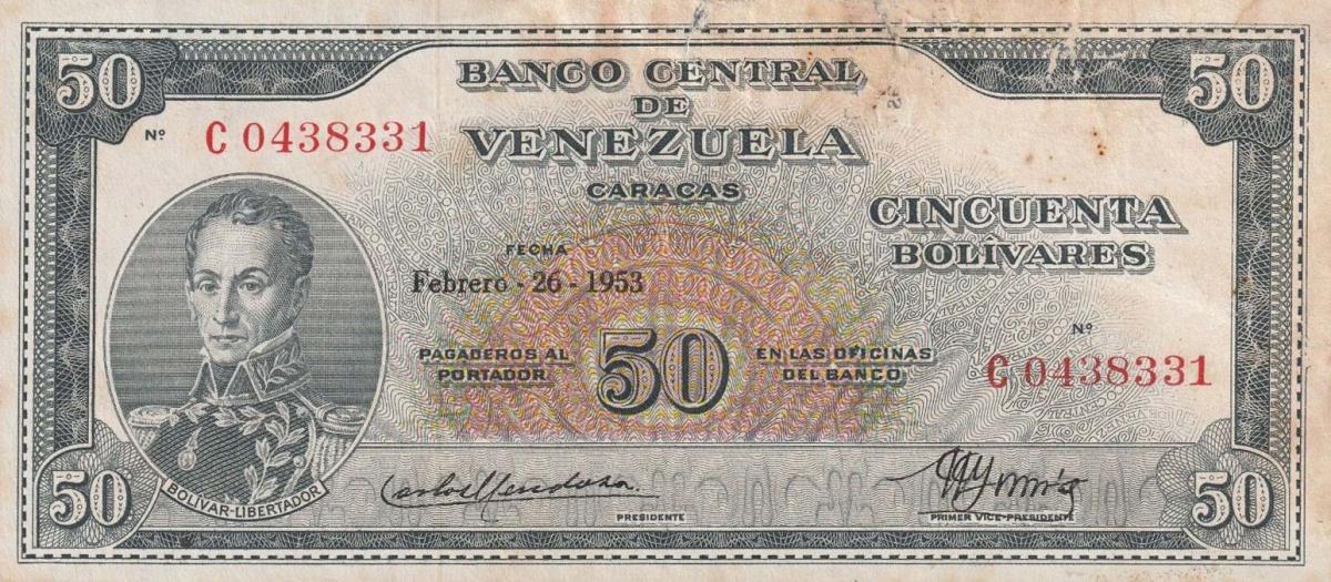 Front of Venezuela p40: 50 Bolivares from 1953