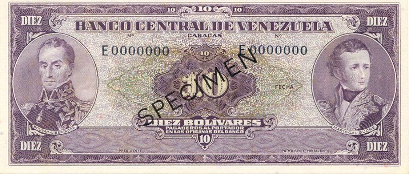 Front of Venezuela p42s: 10 Bolivares from 1961