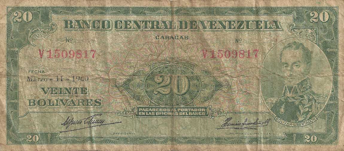 Front of Venezuela p43a: 20 Bolivares from 1960