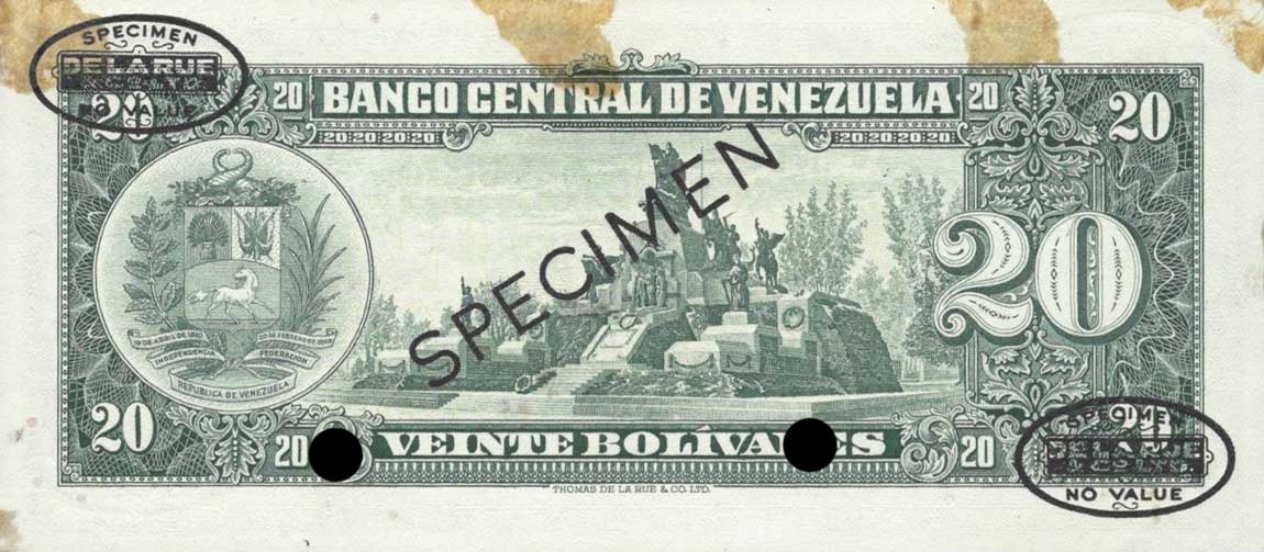 Back of Venezuela p43s3: 20 Bolivares from 1960