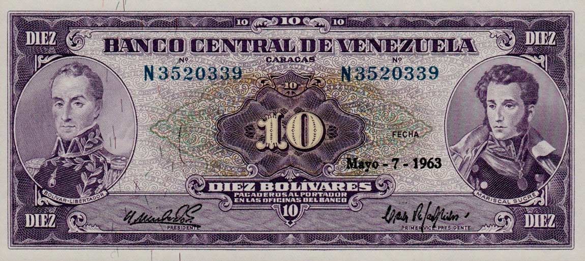 Front of Venezuela p45a: 10 Bolivares from 1963