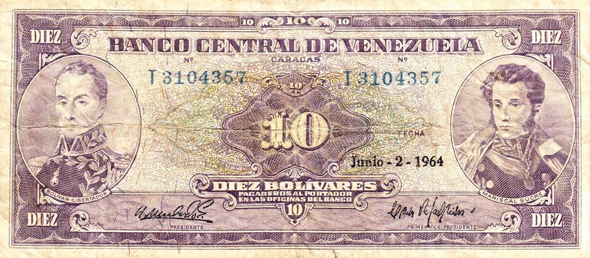 Front of Venezuela p45b: 10 Bolivares from 1964