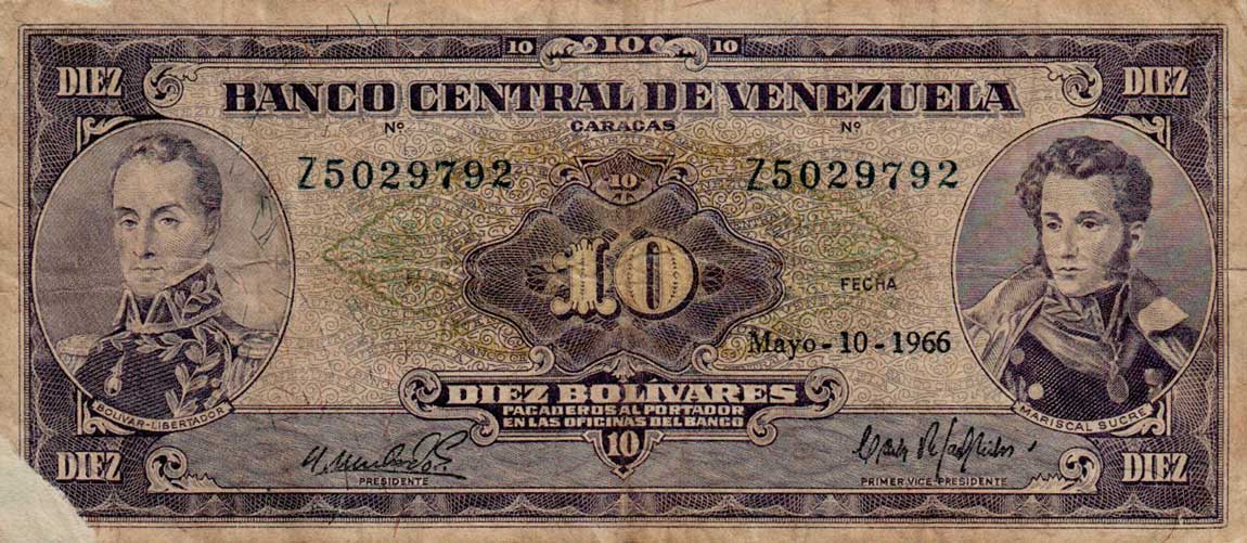 Front of Venezuela p45c: 10 Bolivares from 1966
