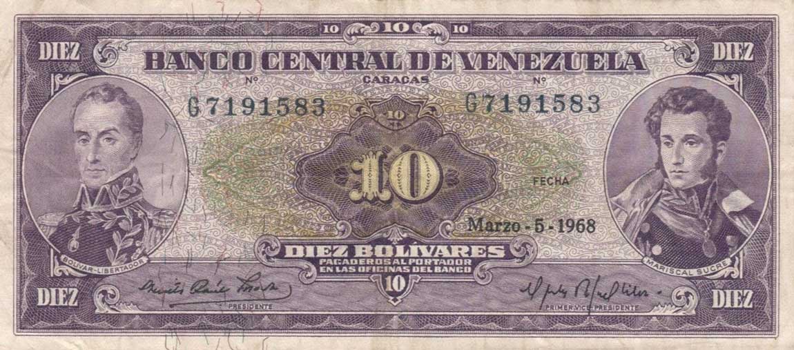 Front of Venezuela p45e: 10 Bolivares from 1968