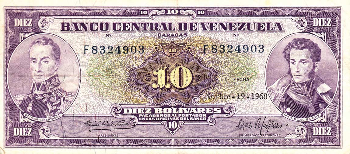 Front of Venezuela p45f: 10 Bolivares from 1968