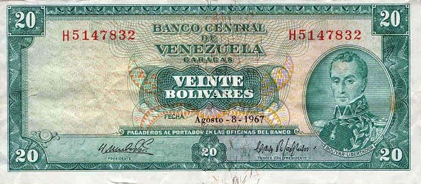 Front of Venezuela p46a: 20 Bolivares from 1967