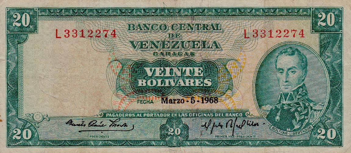 Front of Venezuela p46b: 20 Bolivares from 1968