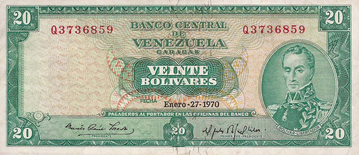 Front of Venezuela p46d: 20 Bolivares from 1970