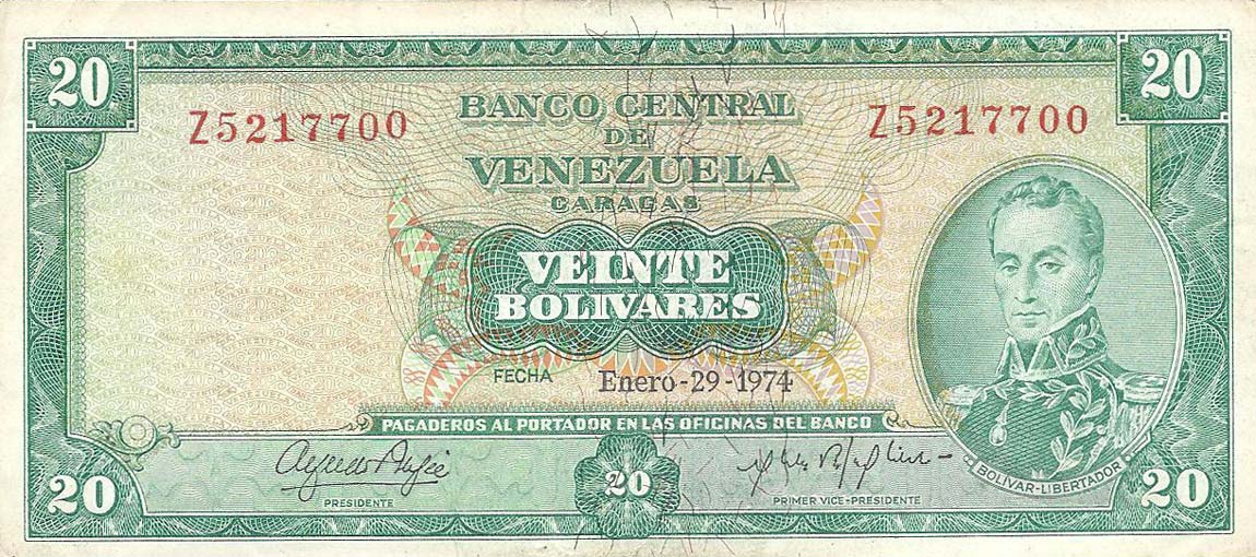 Front of Venezuela p46e: 20 Bolivares from 1974