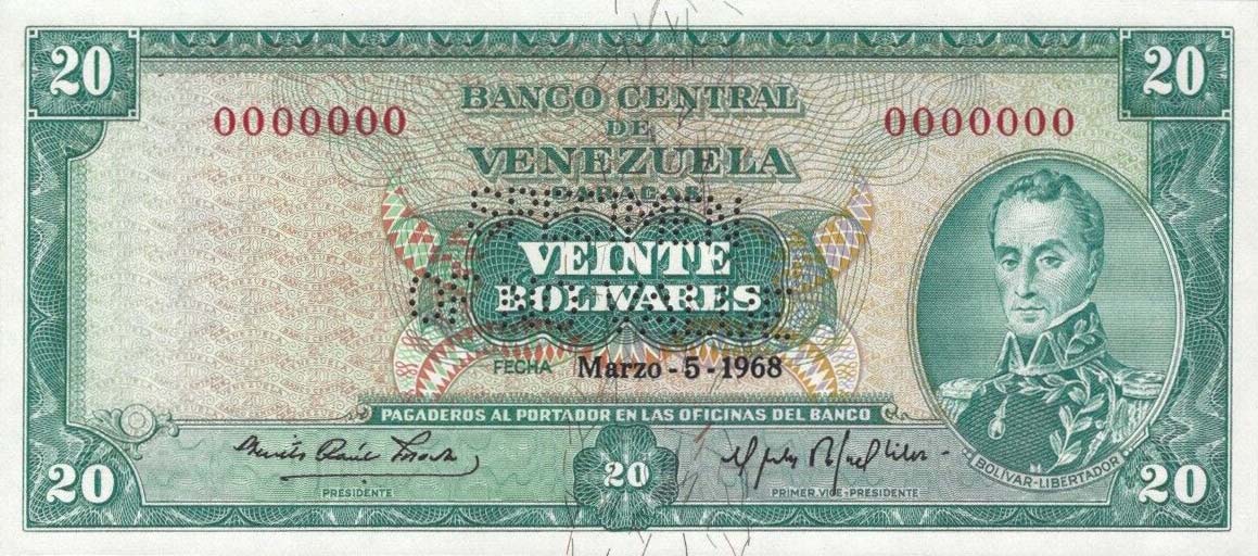 Front of Venezuela p46s1: 20 Bolivares from 1967