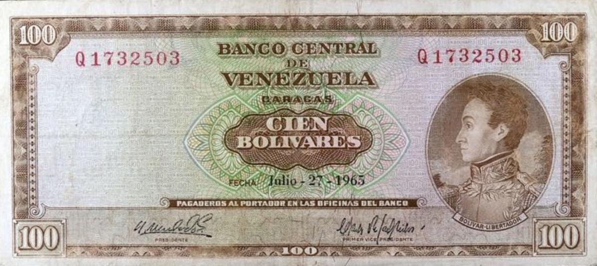 Front of Venezuela p48c: 100 Bolivares from 1965