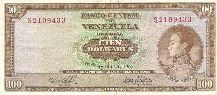 Front of Venezuela p48e: 100 Bolivares from 1967