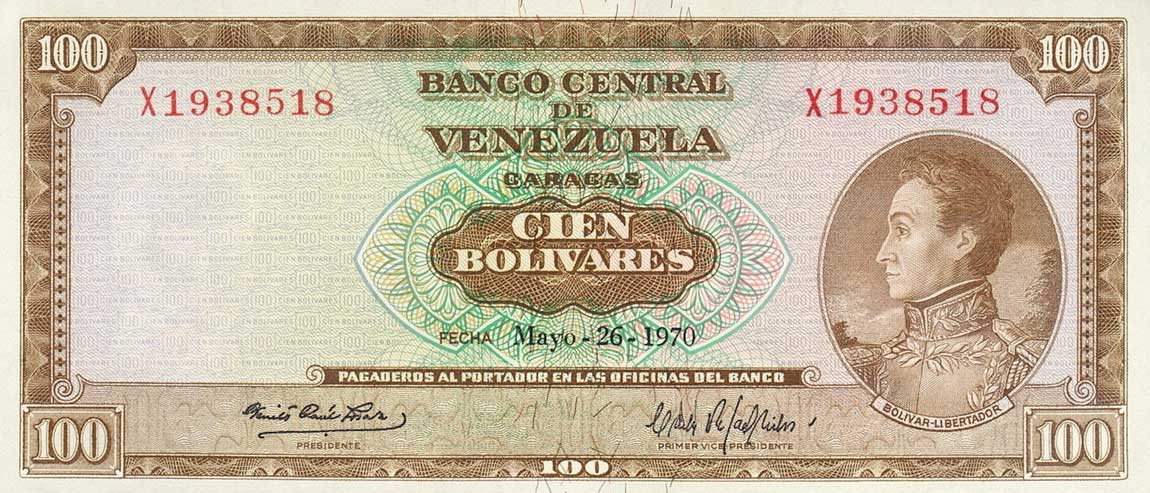 Front of Venezuela p48g: 100 Bolivares from 1970