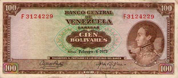 Front of Venezuela p48j: 100 Bolivares from 1973