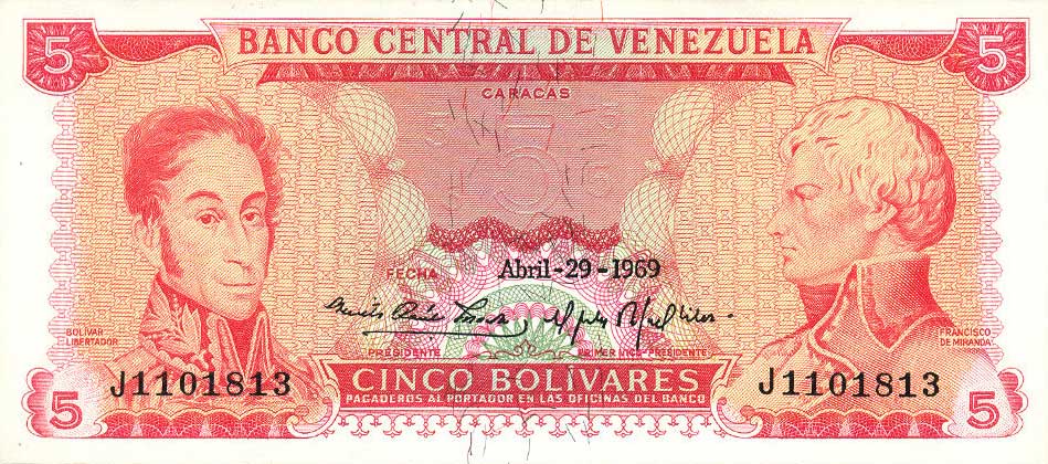 Front of Venezuela p50b: 5 Bolivares from 1969