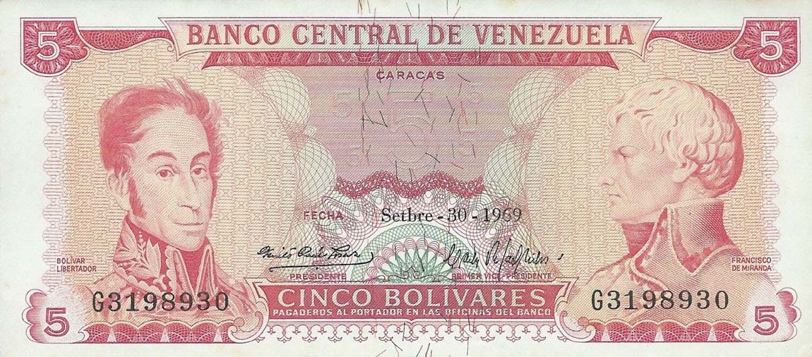 Front of Venezuela p50c: 5 Bolivares from 1969