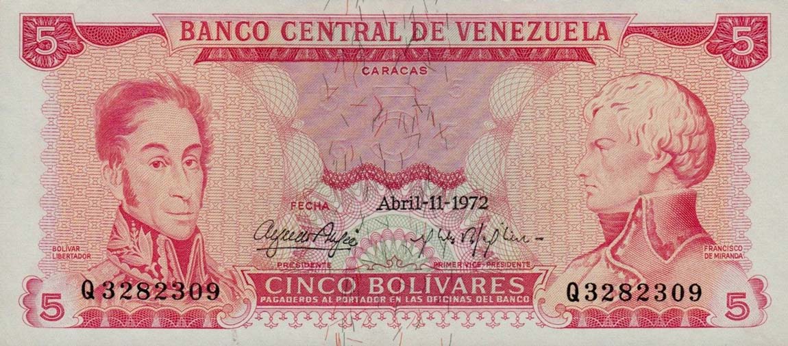 Front of Venezuela p50f: 5 Bolivares from 1972