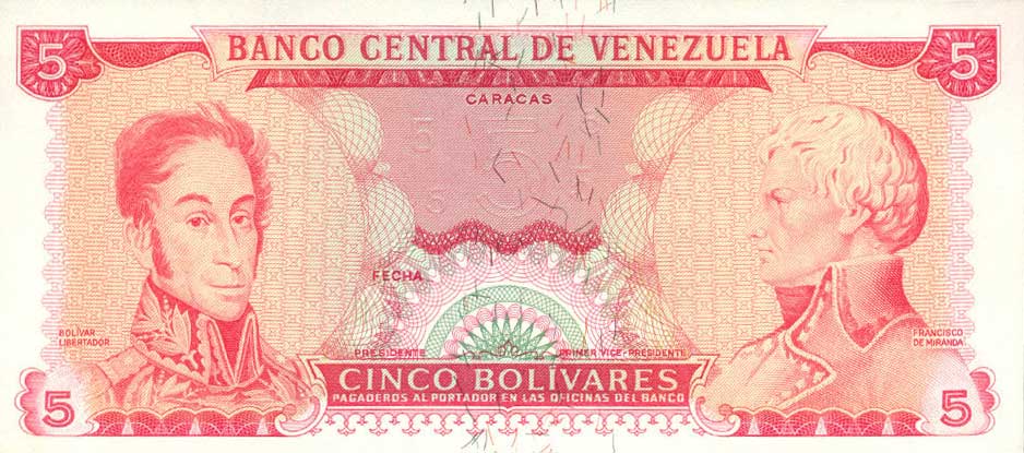 Front of Venezuela p50r: 5 Bolivares from 1968