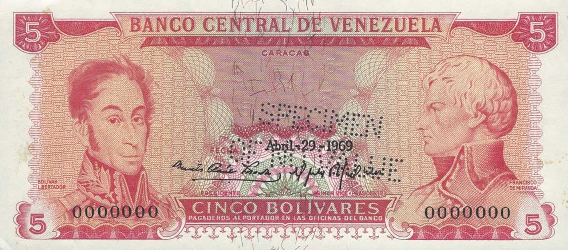 Front of Venezuela p50s: 5 Bolivares from 1968