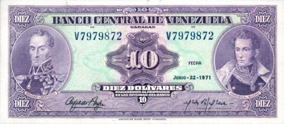 Front of Venezuela p51a: 10 Bolivares from 1971