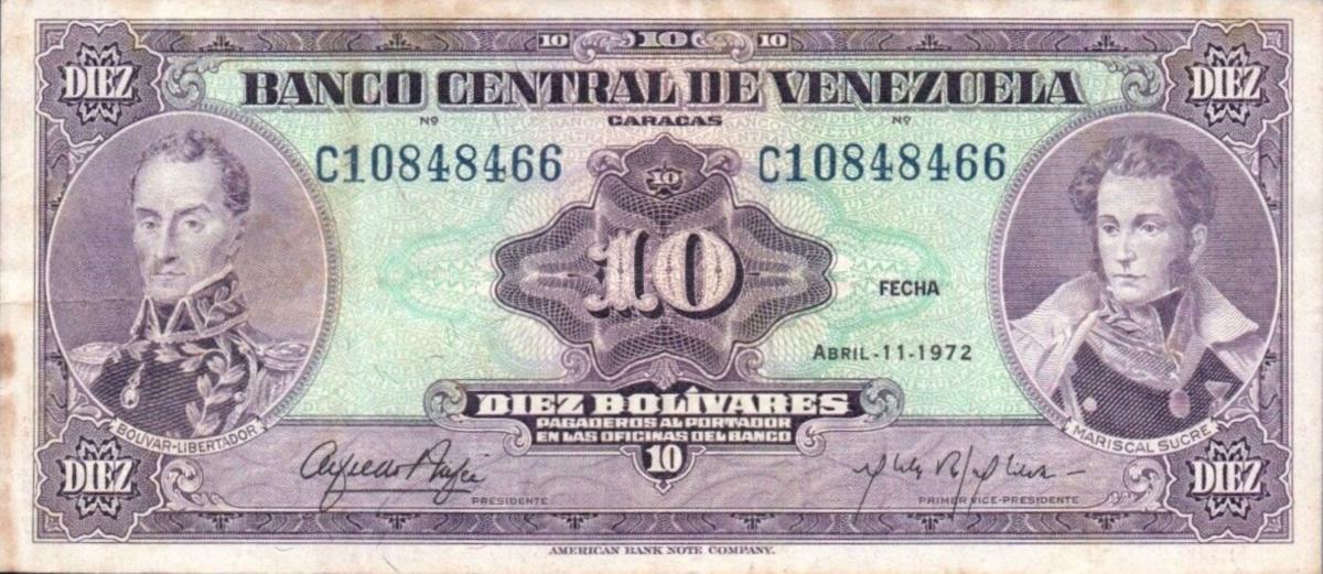 Front of Venezuela p51b: 10 Bolivares from 1972