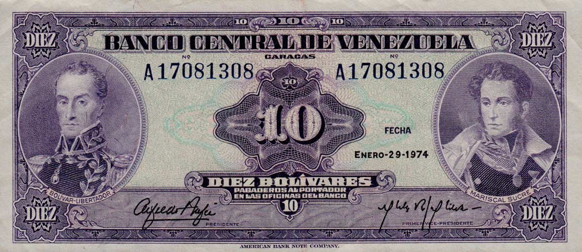 Front of Venezuela p51d: 10 Bolivares from 1974
