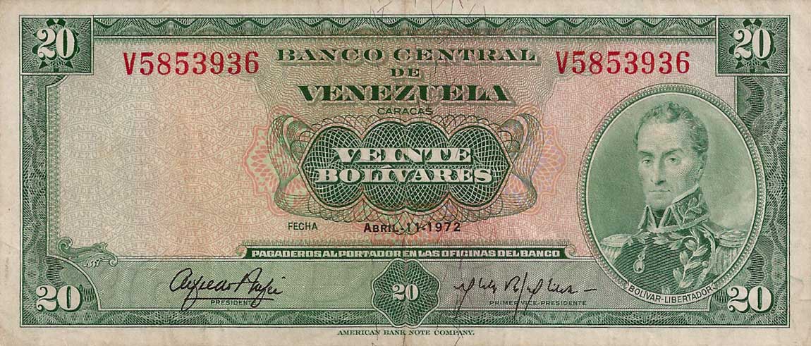 Front of Venezuela p52b: 20 Bolivares from 1972