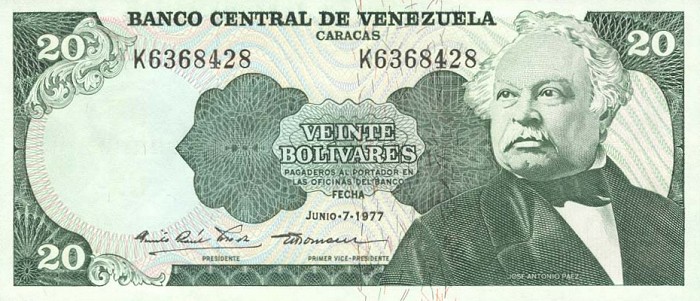 Front of Venezuela p53b: 20 Bolivares from 1977