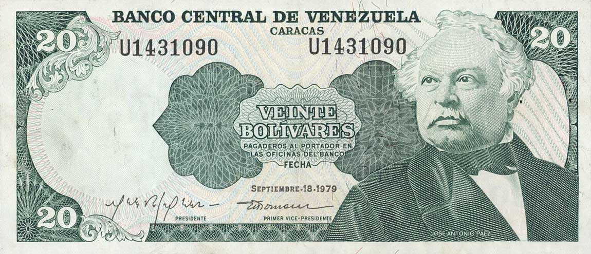 Front of Venezuela p53c: 20 Bolivares from 1979