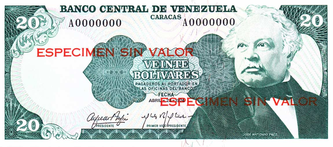 Front of Venezuela p53s1: 20 Bolivares from 1974